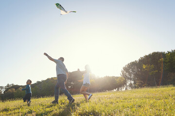 Happy family flying a kite on the field
