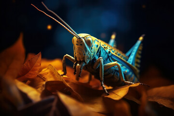 A close-up shot of a vibrant grasshopper resting on a leaf, showcasing its intricate body structure and vibrant colors