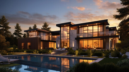 the exterior of a luxury mansion with swimming pool, light black and light amber, reverent and tranquil (Generative AI)