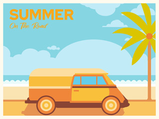 background summer trip by car and view on the beach, coconut trees, beach, sea, summer vacation.landscape, banner, poster, cover, print. summer on the road.
