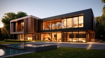 modern house with swimming pool and large windows, in the style of dark bronze and light bronze, earthy tones, wood (Generative AI)
