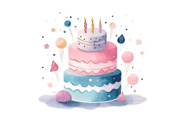 water color painted pink birthday cake, enhanced by a festive party backdrop.with copy space