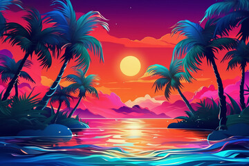 Fototapeta na wymiar Persperctive background of a summer scene with water, palms and neon colors. AI generative