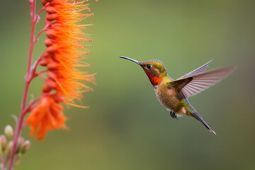 A close-up of a graceful hummingbird hovering near a colorful flower, capturing the beauty of nature's delicate creatures