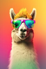 Happy Lama in its Wild Side: A Cute and Colorful Portrait of an Alpaca Wearing Sunglasses: Generative AI