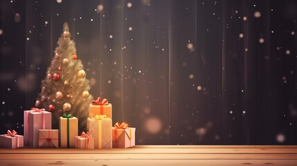 Greeting card merry christmas with christmas tree and gifts on wooden bacground. Generative Ai