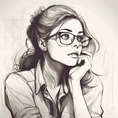 Fototapeta premium White young woman in thinking and doubts illustration. Female hipster character with dreamy face on abstract background. Ai generated black and white pencil sketch poster. Generative AI