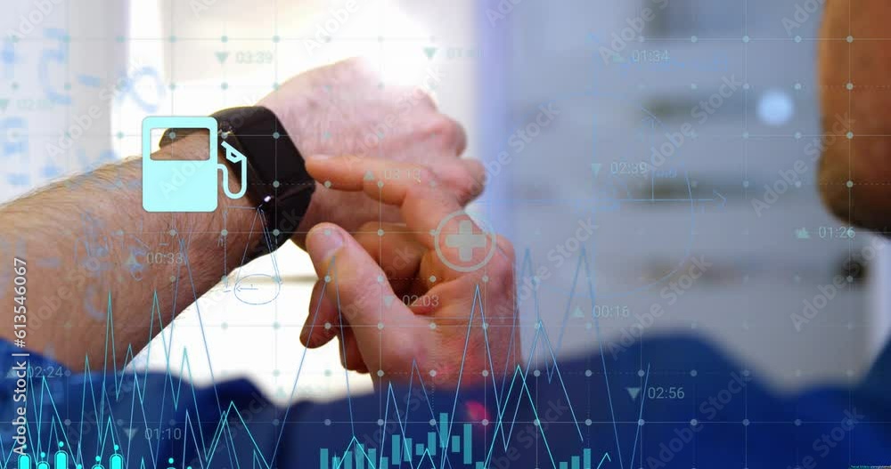 Poster animation of digital icons and data processing against mid section of man using smartwatch