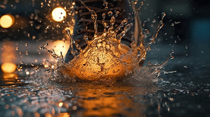 Generative AI image of a pair of shoes confidently treading through a serene puddle, sending playful splashes into the air, a whimsical dance of water and footwear. - obrazy, fototapety, plakaty