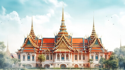 Fototapeta premium Traditional Thai architecture Grand Palace Bangkok, Bright color. Generative Ai