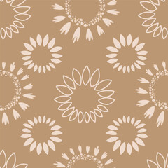 Fototapeta na wymiar Sunflower petals seamless pattern on beige background. Hand drawn, outline, two colour.