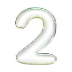 Soap bubble number 2 in 3d rendering. Glass glossy digit for math, education and business concept.
