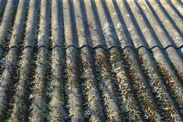 Close-up view of old wavy slate roof with moss. Texture of old slate with moss. Shed roof covered with old asbestos sheets. Outdoor interior. Texture of old roof, slate background