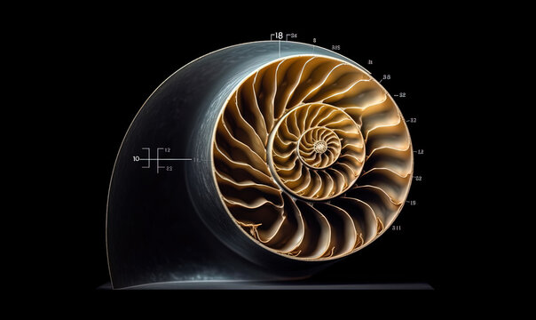 Graphic representation of the Fibonacci sequence and the golden number or divine proportion.. Generative AI.