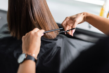 hairdo, cropped view of hairdresser cutting short brunette hair of female client, holding scissors and comb, professional, beauty worker, haircut, salon job, salon customer - obrazy, fototapety, plakaty