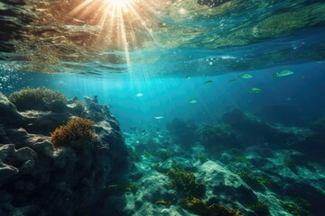 Naklejka na ściany i meble life of a coral reef illuminated by the sun's rays shining through the water