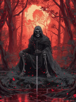 Generative AI. Cartoon style illustration of Grim Reaper with skuls and bones.