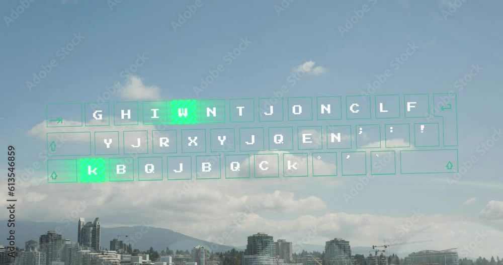 Poster animation of data processing against view of cityscape and clouds in the blue sky