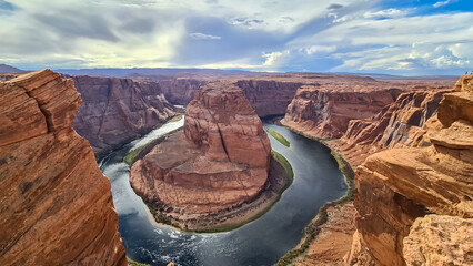 Panoramic aerial view of Horseshoe bend on the Colorado river near Page in summer, Arizona, USA United States of America. Incised intrenched meanders of stream in Glen Canyon National Recreation Area