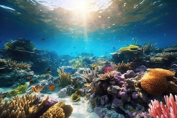 an underwater ecosystem featuring a vibrant coral reef