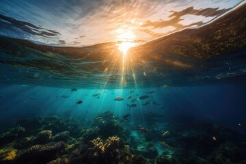 a school of fish swimming in the deep blue ocean