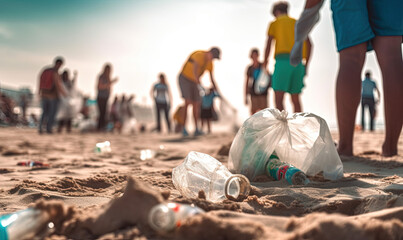 Community Cleanup Initiative. Join the efforts of volunteers cleaning up a dirty beach, taking responsibility for the environment. Copy space. Conservation concept AI Generative