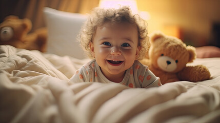 Little baby Child Smiling in Bed Playing. Adorable Happy Kid Cute Toddler. Bedtime preparation