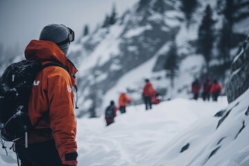 Fototapeta na wymiar In the Face of Danger. Rescue team navigates through a treacherous snowstorm, searching for missing people buried in an avalanche. Emergency response concept Ai Generativ