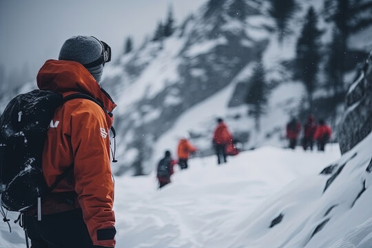 In the Face of Danger. Rescue team navigates through a treacherous snowstorm, searching for missing people buried in an avalanche. Emergency response concept Ai Generativ