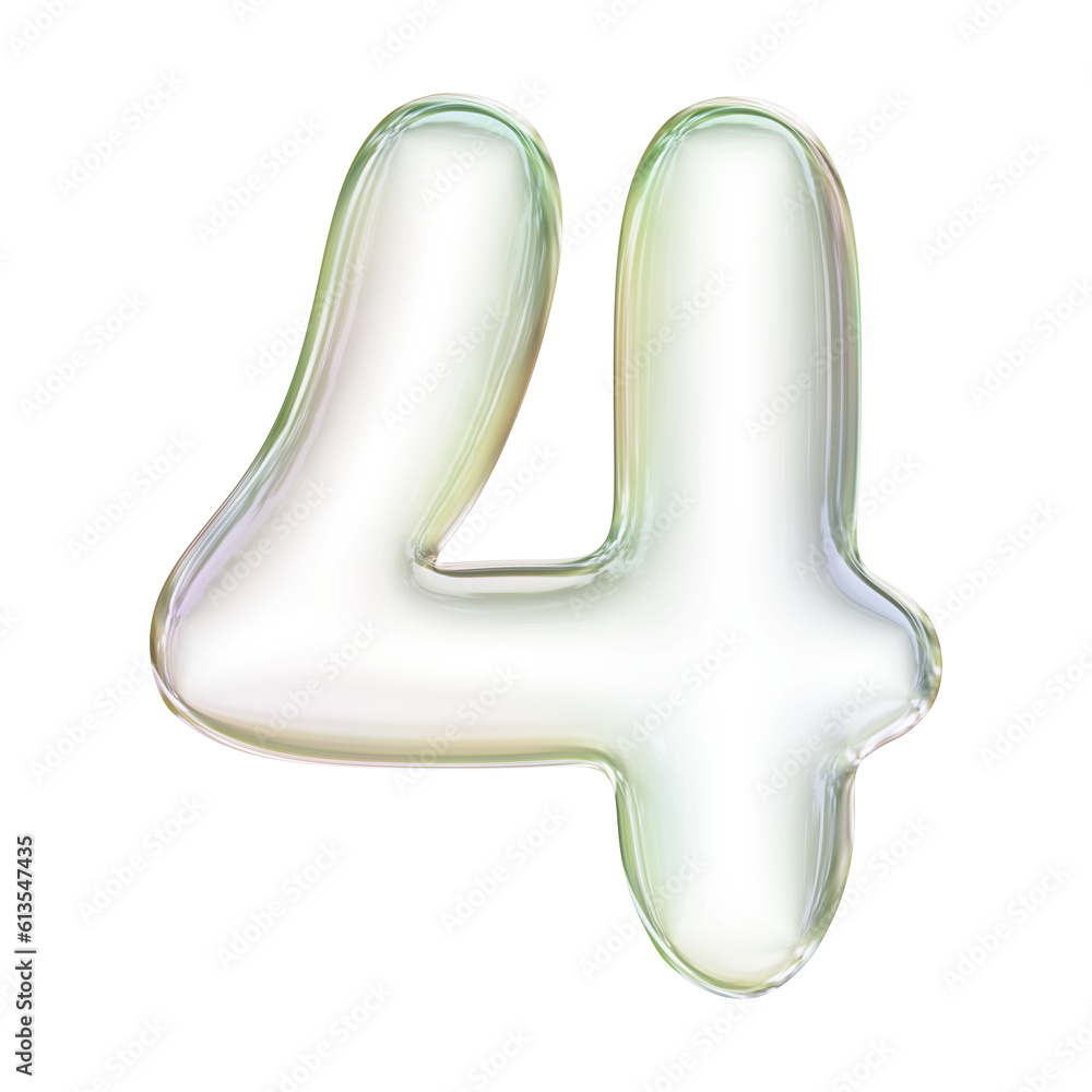 Poster soap bubble number 4 in 3d rendering. glass glossy digit for math, education and business concept.