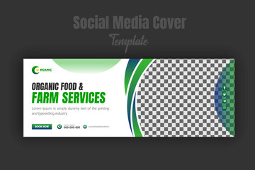Social media cover or post design template, modern lawn mower, organic gardening, agriculture and farming services for landscaping with abstract green gradient color shape on white background