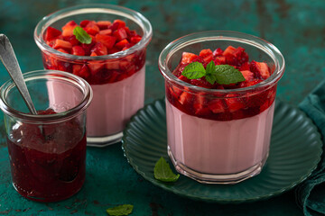 sweet and tasty strawberry mousse dessert in glass