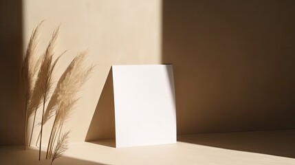 Clean and Minimalist Greeting Card Design with Blank Paper and Dry Grass in Natural Sunlight | Beige Table Background with Window Shadow. Generative AI