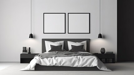 Elegant Home Interior: Vertical Frame Design with Comfortable Bed and Luxury Furnishing in White and Black. Generative AI