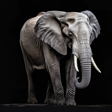 Big, Impressive African Elephant Loxodonta Walking Forward on a Dark Background: A Realistic, Artistic Photo Portrait: Generative AI