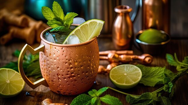 Cooling Refreshment: Vodka Moscow Mule Cocktail with Ginger and Lime in Copper Mug and Blue Table Set: Generative AI