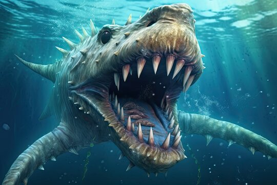 Beware: Prehistoric Sea Monster Awaits with Terrifying Teeth in Underwater Fantasy Land. Generative AI