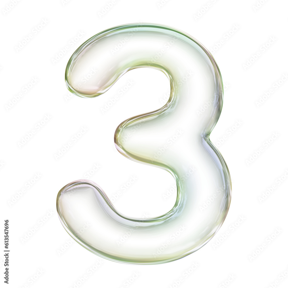 Poster soap bubble number 3 in 3d rendering. glass glossy digit for math, education and business concept.