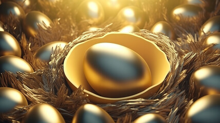 Financial Success finding the Golden Egg 3d illustration, Bright color. Generative Ai