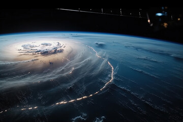 Mighty Cyclone from Above. Witness the swirling beauty of a hurricane captured from space, a captivating and destructive weather system. Copy space. Atmospheric concept AI Generative