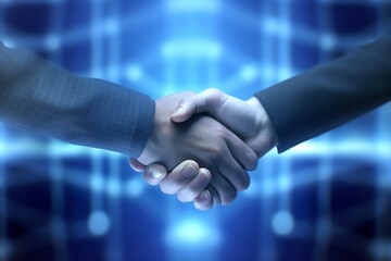 Business handshake closeup over blue out of focus background and volumetric lights rays Generative AI