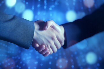 Business handshake closeup over blue out of focus background and volumetric lights rays Generative AI