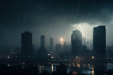 Fototapeta premium Electric thunder storm Night. Witness the dramatic scene as lightning strikes illuminate the dark stormy sky over the city skyline. Copy space for text. Weather concept AI Generative