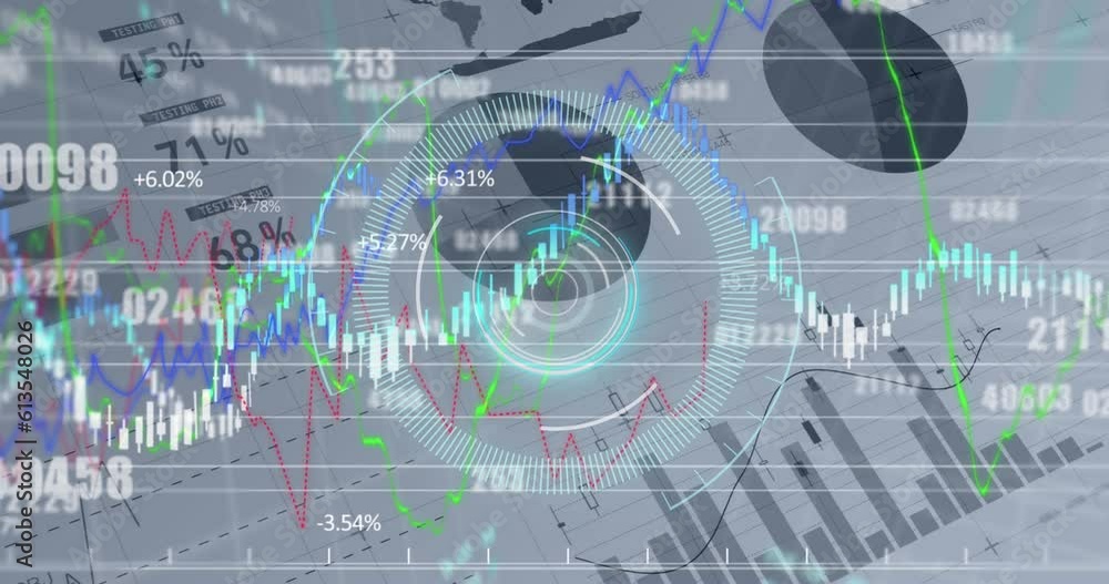 Poster animation of changing numbers over round scanner, financial and stock market data processing
