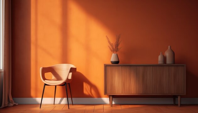 Orange Room With Chair,table,pampas And Orange Wall Background.3d Rendering