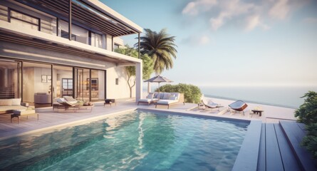 Luxury beach house with sea view swimming pool and terrace at vacation.3d rendering