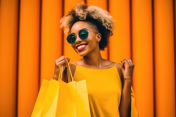 Close-up shot of happy young fashionista woman holding bag while shopping. Generative AI