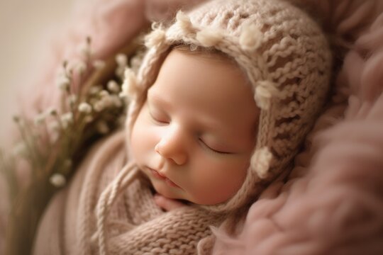 A photograph showing the innocence and purity of a newborn baby in a comfortable, dreamlike setting. Generative AI