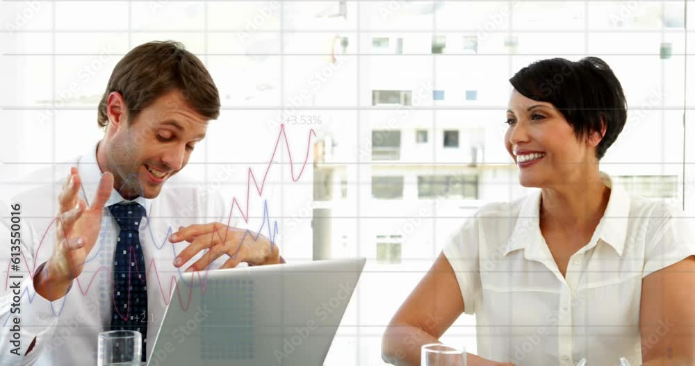 Poster animation of statistical data processing over diverse businesspeople discussing together at office