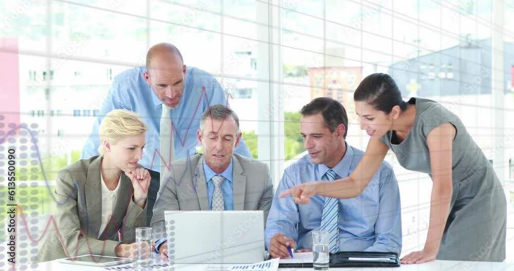 Poster animation of statistical data processing over diverse businesspeople discussing together at office